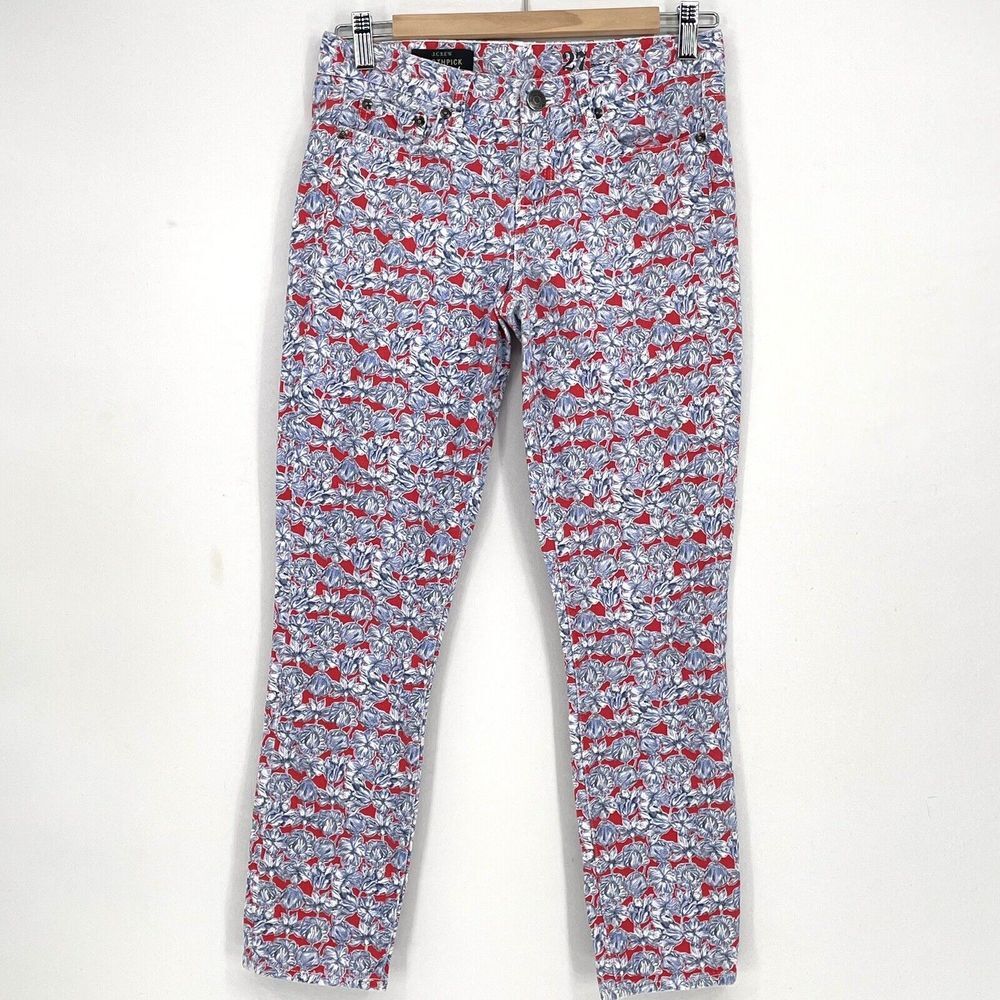 J Crew Liberty Art Fabrics Matilda Toothpick Ankle Jeans Size 27 Red White Blue